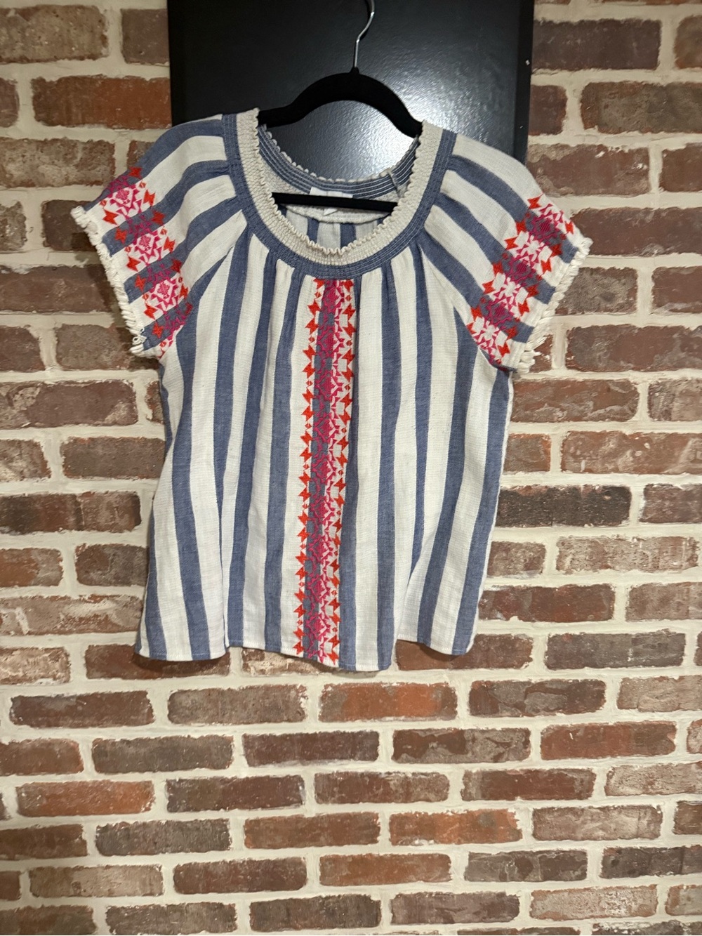 THML Blue & White Striped Short Sleeve Tunic with Red Embroidery